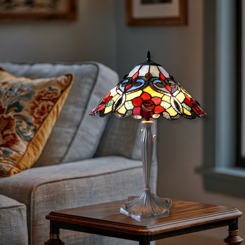 24-inch Tabletop Tiffany Lamp Lindsay Roses by Chloe Lighting in living room setting