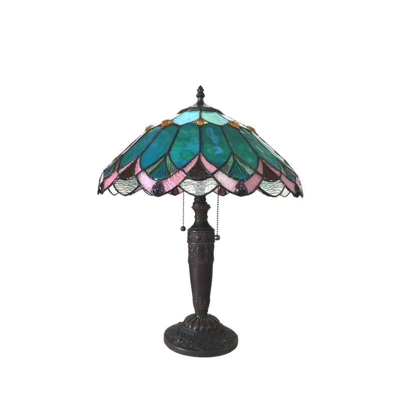 Unlit view. Vintage Tiffany Table Lamp Demeter Geometric by Chloe Lighting