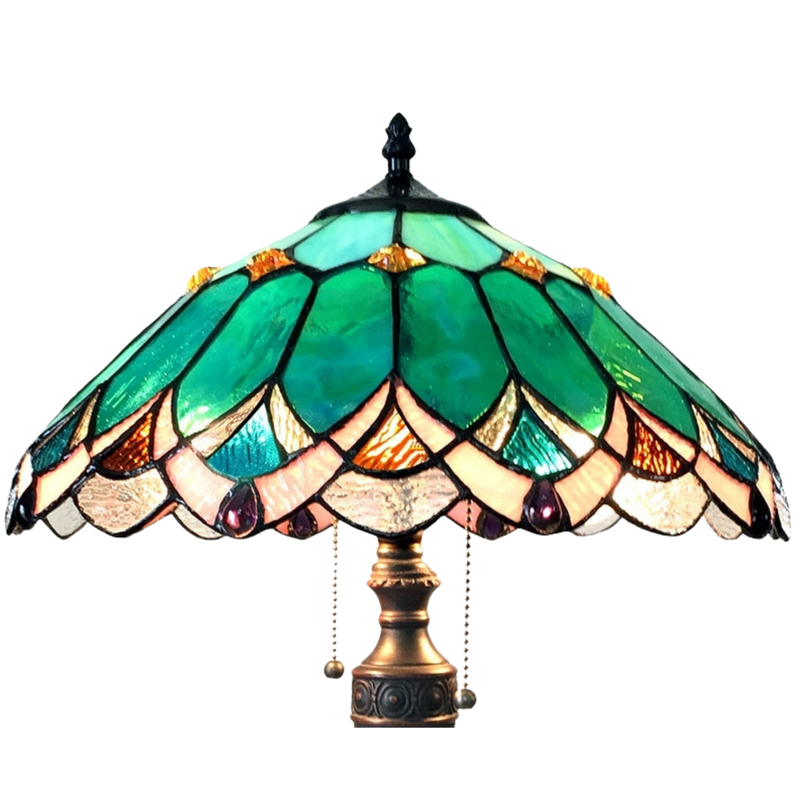Close-up view of stained glass shade. Vintage Tiffany Table Lamp Demeter Geometric by Chloe Lighting