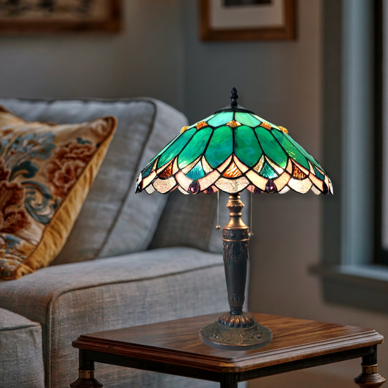 21-inch Vintage Tiffany Table Lamp Demeter Geometric by Chloe Lighting in living room setting