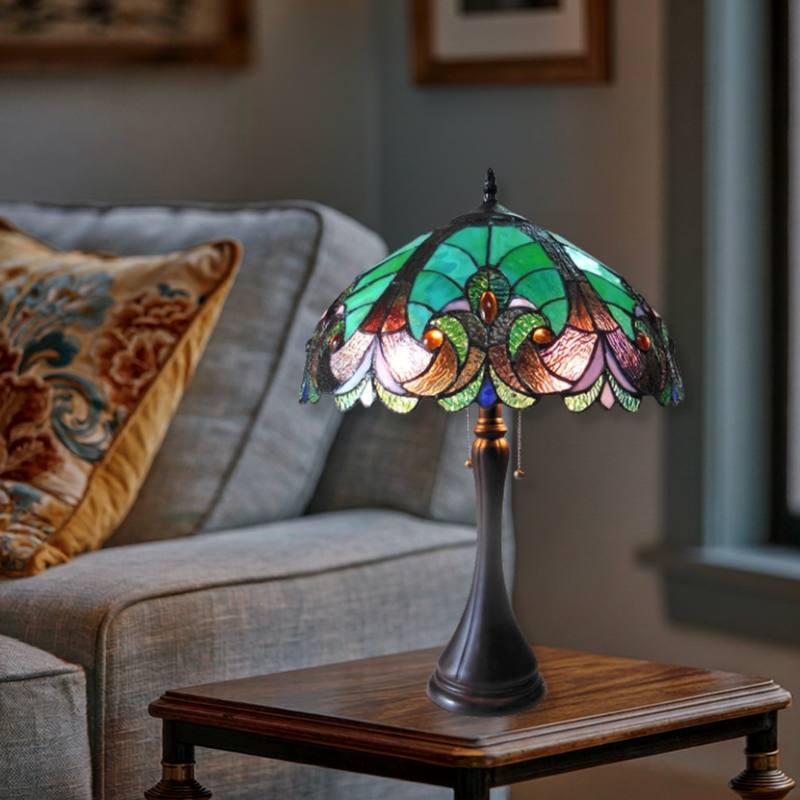 22-inch Tiffany Glass Table Lamp Amor Victorian by Chloe Lighting in living room setting