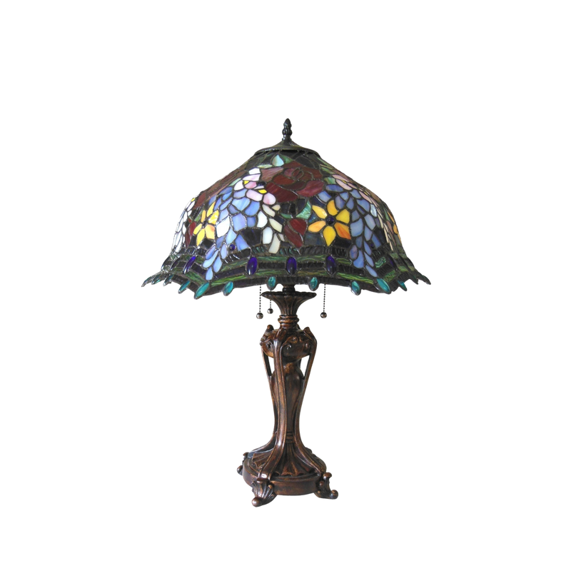 Unlit view. Tabletop Tiffany Lamp Carrell Roses by Chloe Lighting
