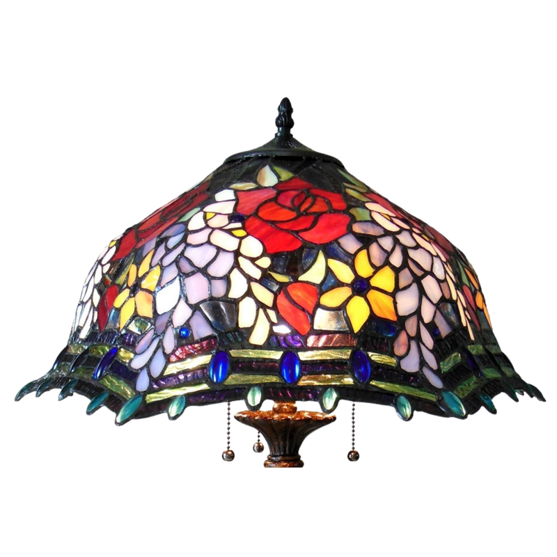 Close-up view of stained glass shade. Tabletop Tiffany Lamp Carrell Roses by Chloe Lighting