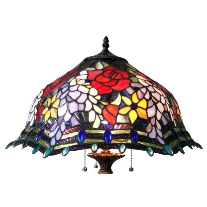 Close-up view of stained glass shade. Tabletop Tiffany Lamp Carrell Roses by Chloe Lighting