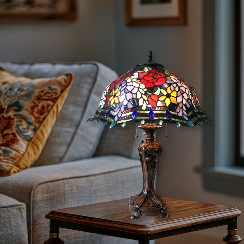 26-inch Tabletop Tiffany Lamp Carrell Roses by Chloe Lighting in living room setting