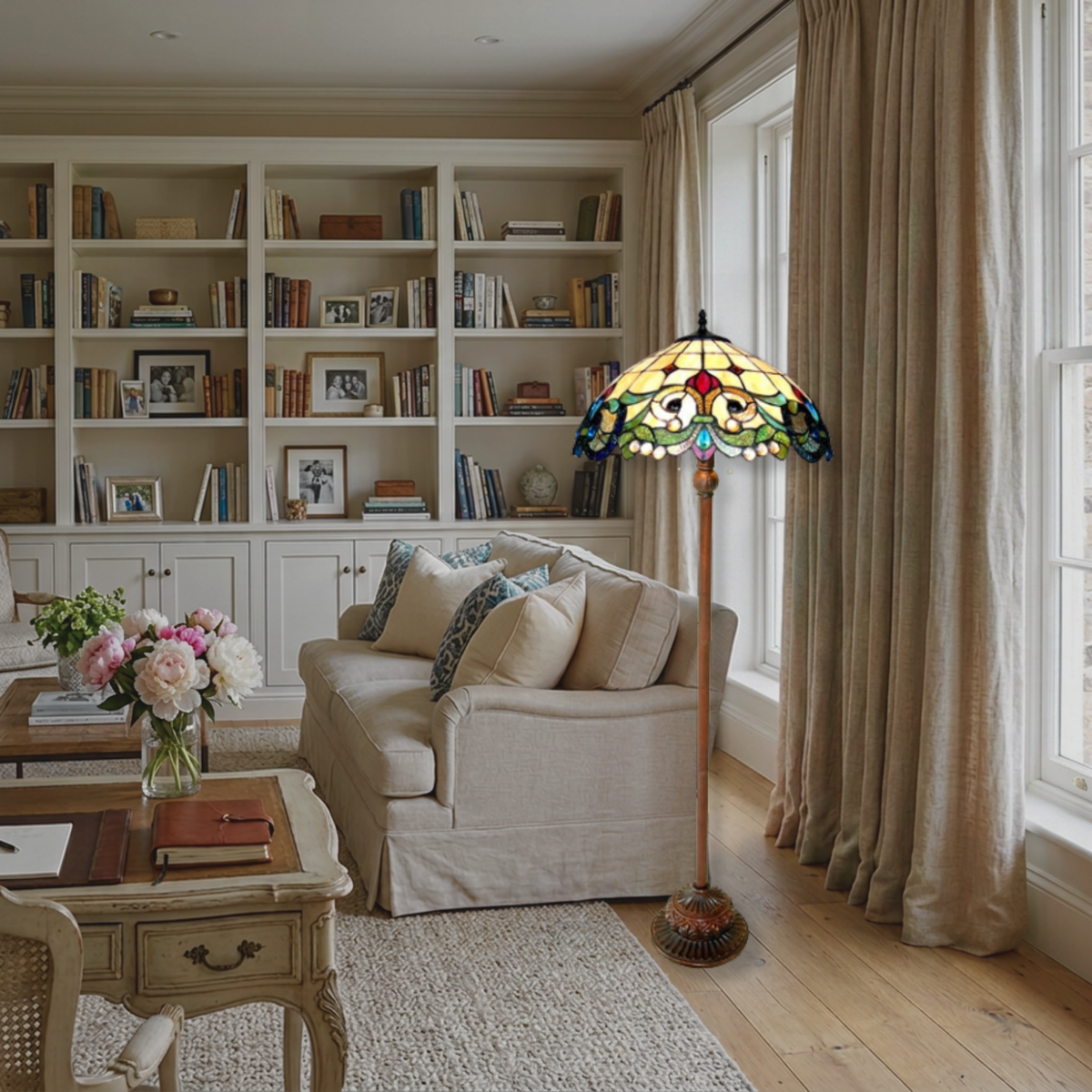 64-inch Tiffany Type Floor Lamp Dulce Victorian by Chloe Lighting in living room setting