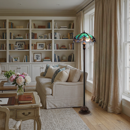 Tiffany Style Floor Lamp Liaison Victorian by Chloe Lighting in living room setting. 