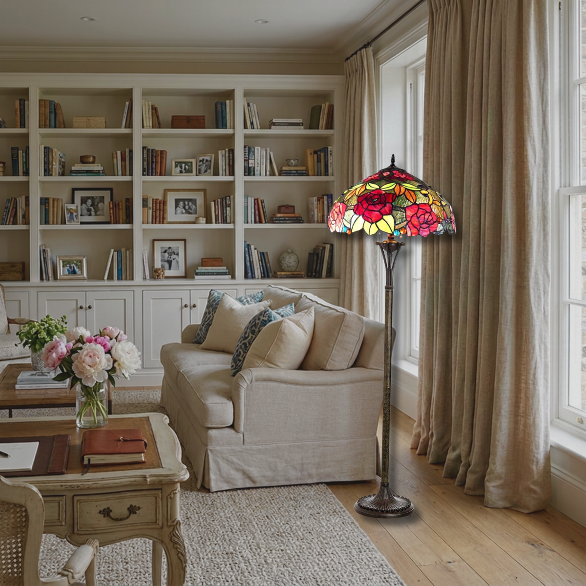 64-inch Tiffany Glass Floor Lamp Peggy Roses by Chloe Lighting in living room setting
