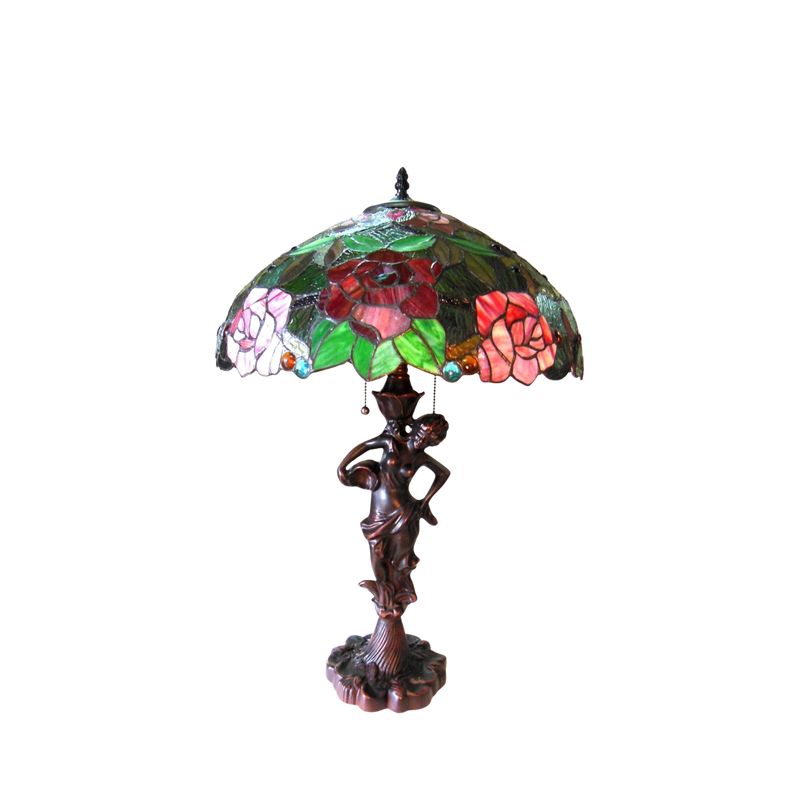 Unlit view. Tiffany Style Table Lamp Peggy Roses by Chloe Lighting