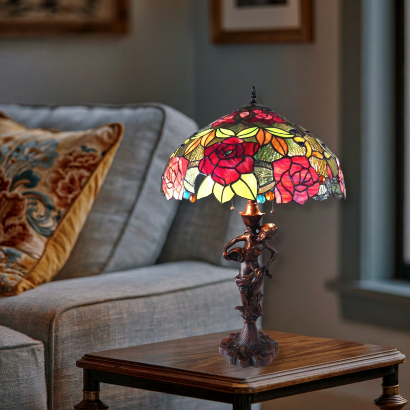 27-inch Tiffany Style Table Lamp Peggy Roses by Chloe Lighting in living room setting
