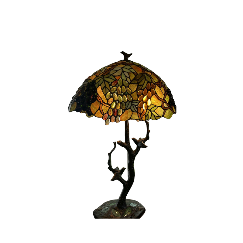 Unlit view. Tiffany Inspired Table Lamp Leafs, Grapes & Birds by Chloe Lighting