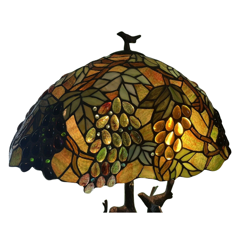 Close-up view of stained glass shade. Tiffany Inspired Table Lamp Leafs, Grapes & Birds by Chloe Lighting