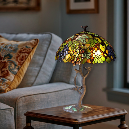 33-inch Tiffany Inspired Table Lamp Leafs, Grapes & Birds by Chloe Lighting in living room setting