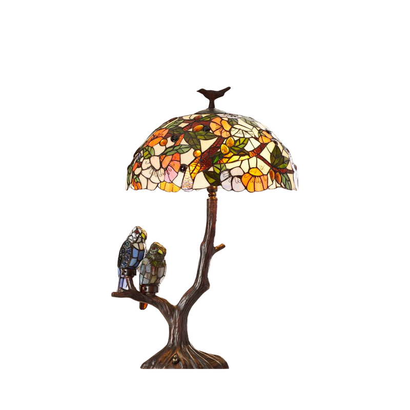 Unlit view. Tiffany Like Table Lamp Birds Double Lit by Chloe Lighting