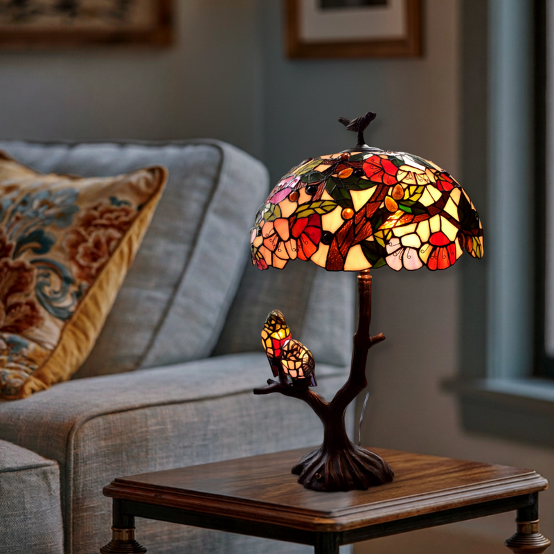 29-inch Tiffany Like Table Lamp Birds Double Lit by Chloe Lighting in living room setting