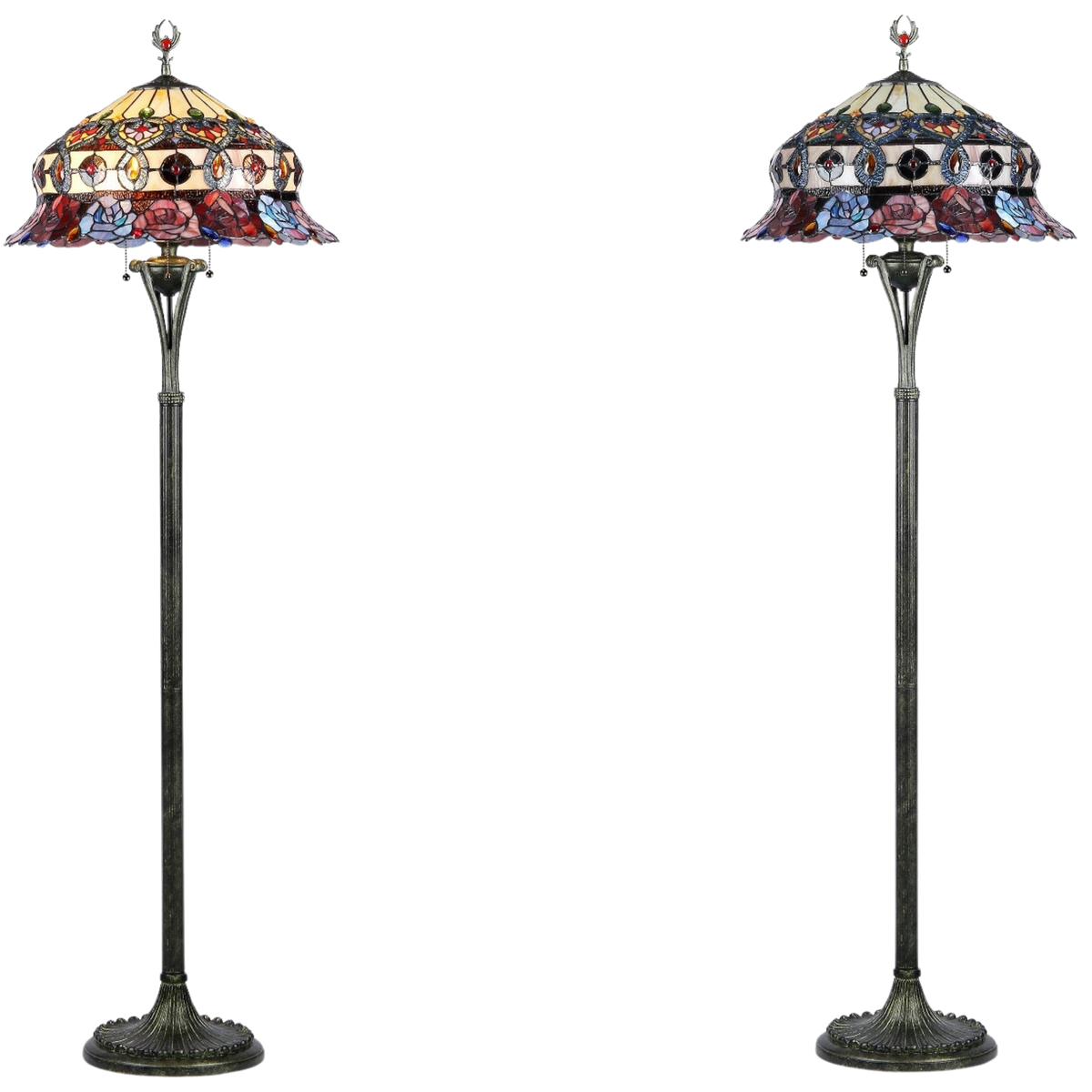 Lit and unlit view. Tiffany Glass Floor Lamp Roses by Chloe Lighting