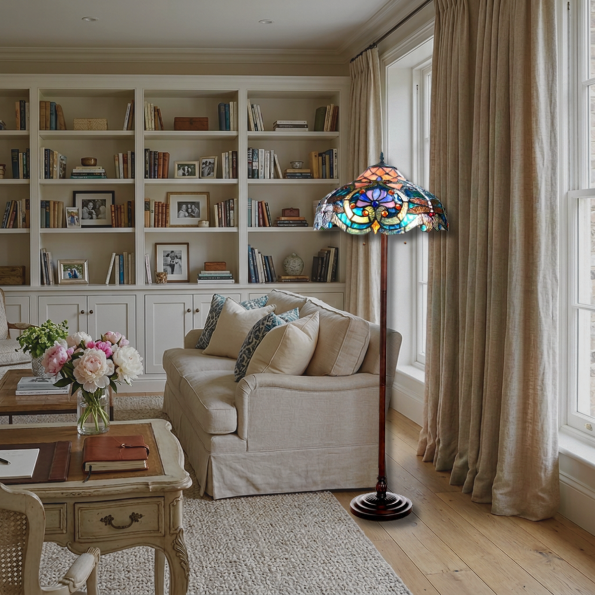 62-inch Tiffany Glass Floor Lamp Lydia Victorian by Chloe Lighting in living room setting