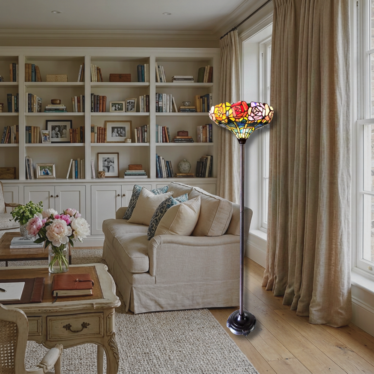 67-inch Tiffany Style Floor Lamp Azalea Floral Torchiere by Chloe Lighting in living room setting
