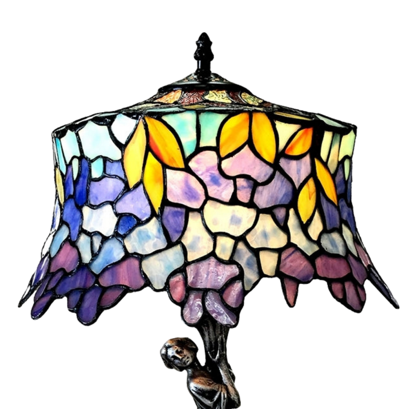 Close-up view of stained glass shade. Tiffany Like Table Lamp Sophia Wisteria by Chloe Lighting