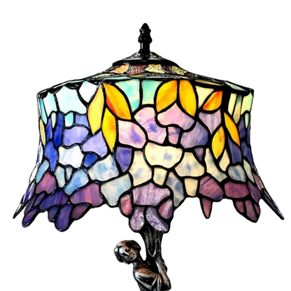 Close-up view of stained glass shade. Tiffany Like Table Lamp Sophia Wisteria by Chloe Lighting