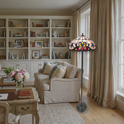  Tiffany Stained Glass Floor Lamp Bavarian Victorian by Chloe Lighting in living room setting. 
