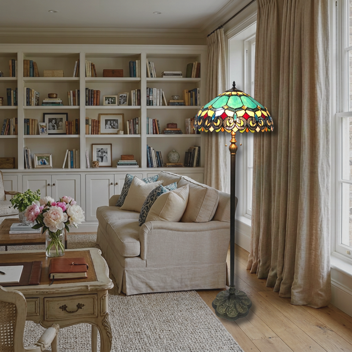 62-inch Tiffany Glass Floor Lamp Aubrey Victorian by Chloe Lighting in living room setting