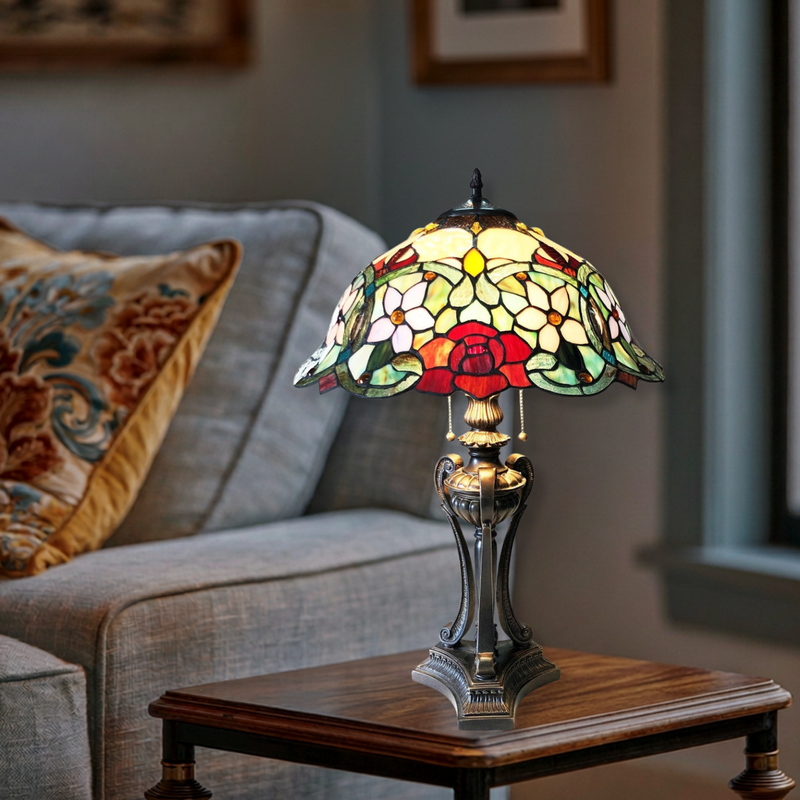 26-inch Vintage Tiffany Table Lamp Piper Roses by Chloe Lighting in living room setting