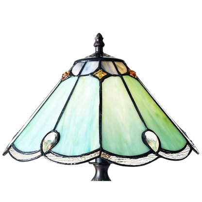Close-up view of stained glass shade. Vintage Tiffany Table Lamp Remy Victorian by Chloe Lighting