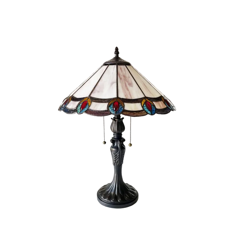 Unlit view. Tiffany Style Table Lamp Ryce Peacock by Chloe Lighting