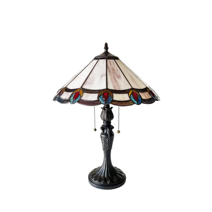 Unlit view. Tiffany Style Table Lamp Ryce Peacock by Chloe Lighting