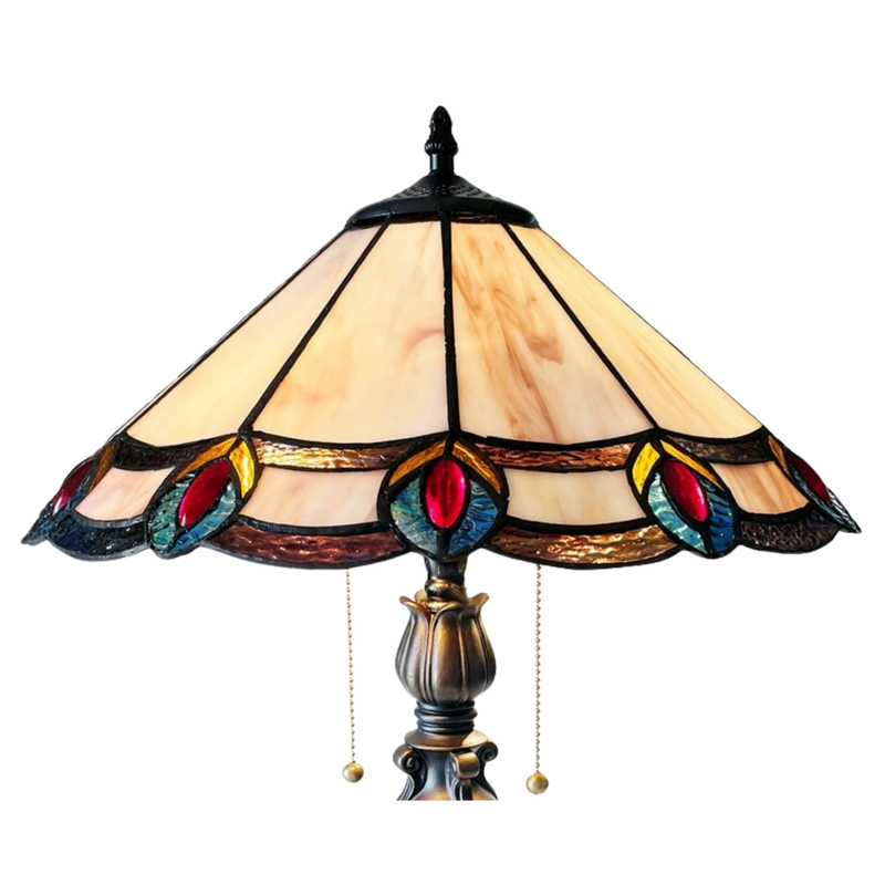 Close-up view of stained glass shade. Tiffany Style Table Lamp Ryce Peacock by Chloe Lighting