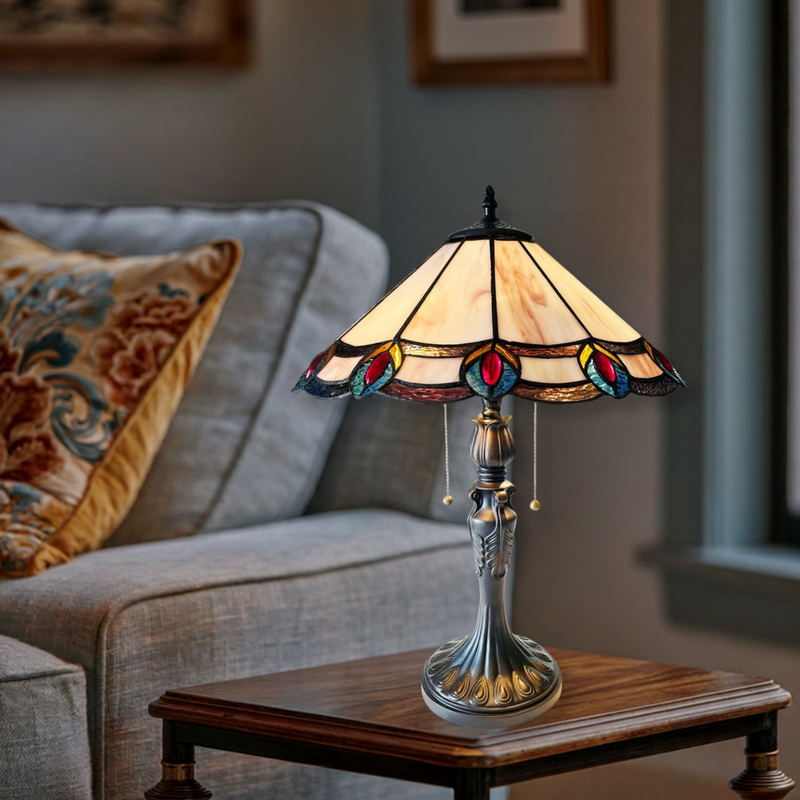 24-inch Tiffany Style Table Lamp Ryce Peacock by Chloe Lighting in living room setting