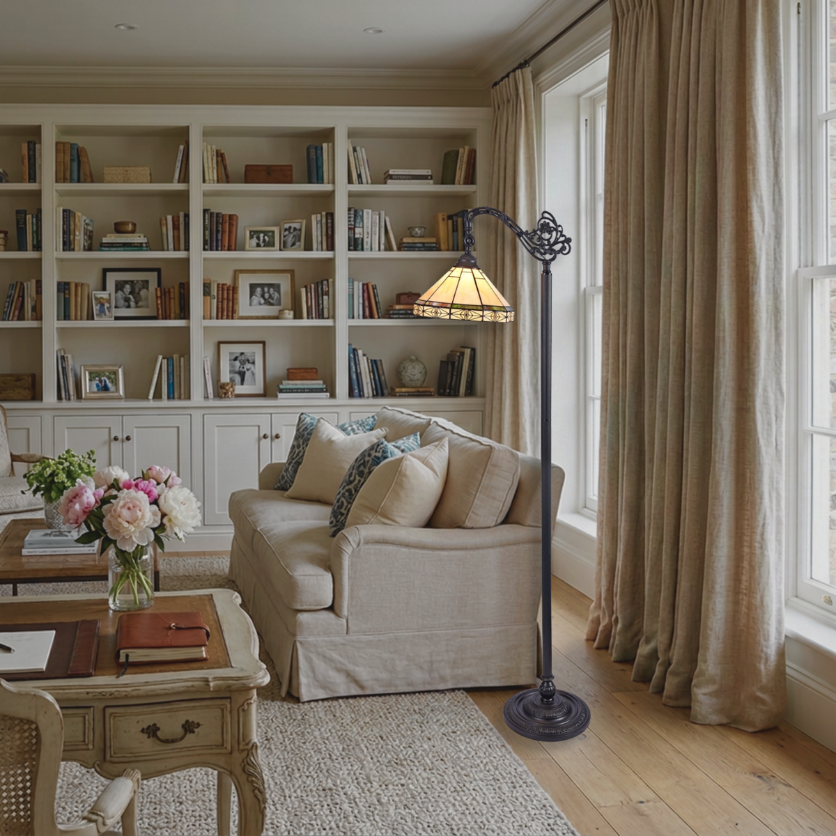 62-inch Tiffany Stained Glass Floor Lamp Belle Mission Reading by Chloe Lighting  in living room setting. 