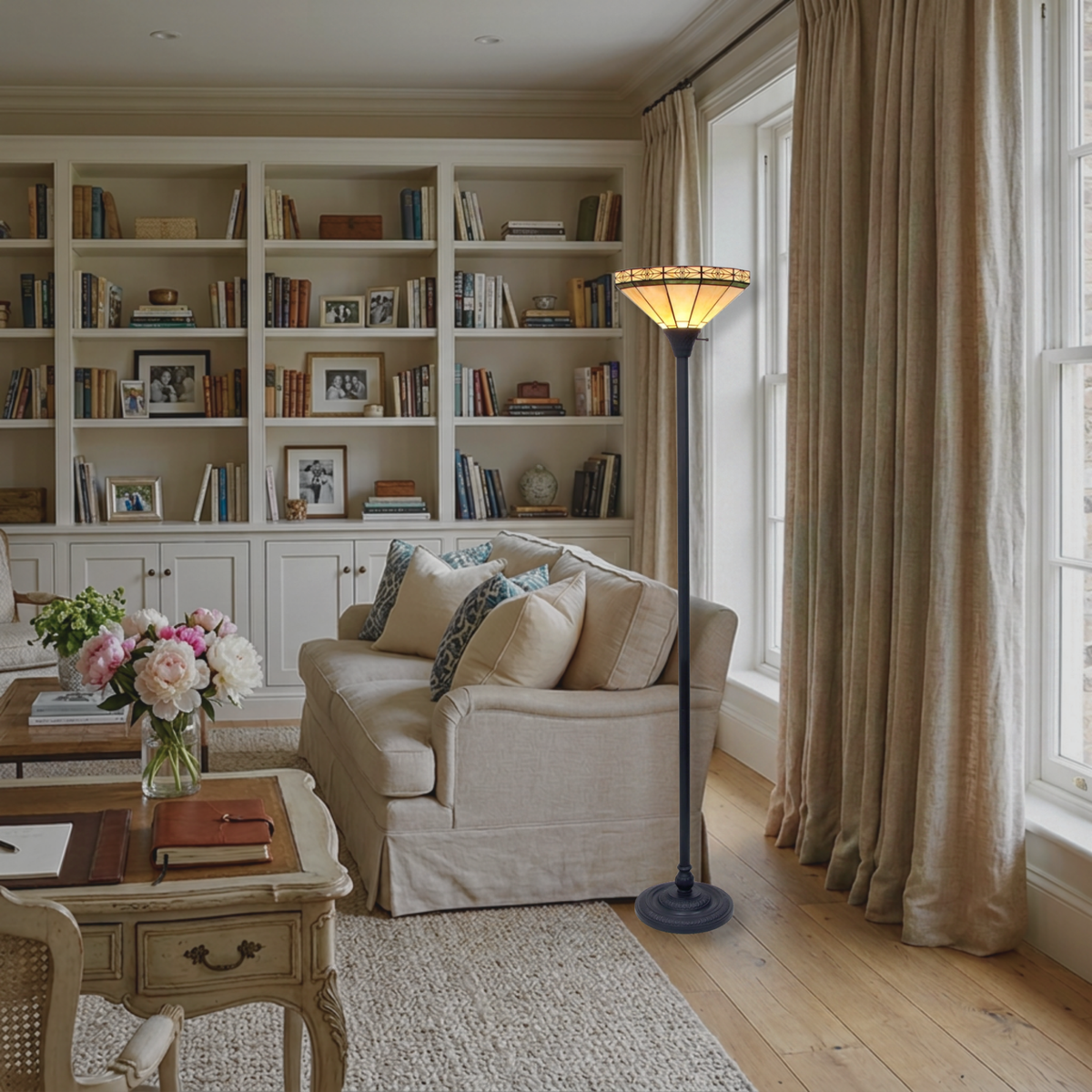 Tiffany Style Floor Lamp Belle Mission Torchiere by Chloe Lighting in living room setting. 