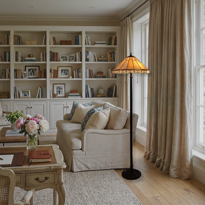 Tiffany Stained Glass Floor Lamp Belle Mission by Chloe Lighting in living room setting. 
