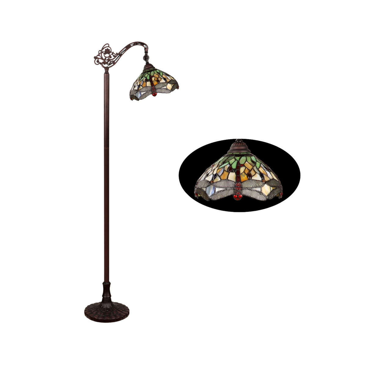 Unlit view. Tiffany Stained Glass Floor Lamp Anisoptera Purity Dragonfly Reading by Chloe Lighting
