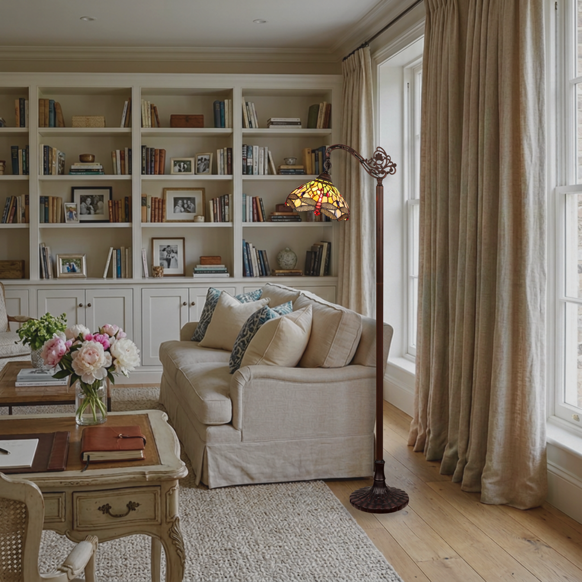 Tiffany Stained Glass Floor Lamp Anisoptera Purity Dragonfly Reading by Chloe Lighting in living room setting.