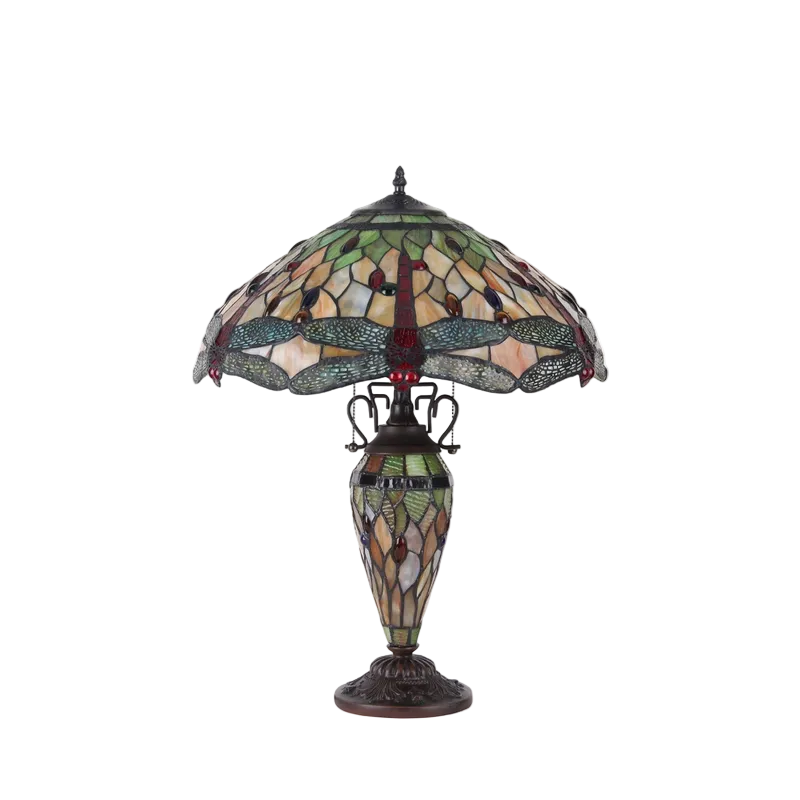 Unlit view. Tiffany Stained Glass Table Lamp Anisoptera Purity Dragonfly by Chloe Lighting