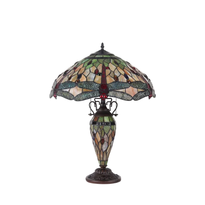 Unlit view. Tiffany Stained Glass Table Lamp Anisoptera Purity Dragonfly by Chloe Lighting