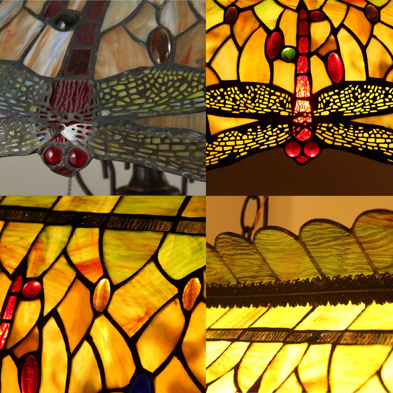 Close-up views of shade, stained glass, and lamp details. Tiffany Stained Glass Table Lamp Anisoptera Purity Dragonfly by Chloe Lighting