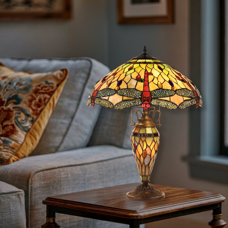 24-inch Tiffany Stained Glass Table Lamp Anisoptera Purity Dragonfly by Chloe Lighting in living room setting