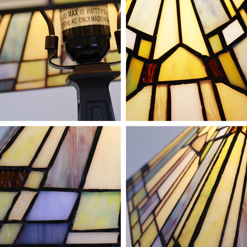 Close-up views of shade, stained glass, and lamp details. Tabletop Tiffany Lamp Kinsey Mission by Chloe Lighting