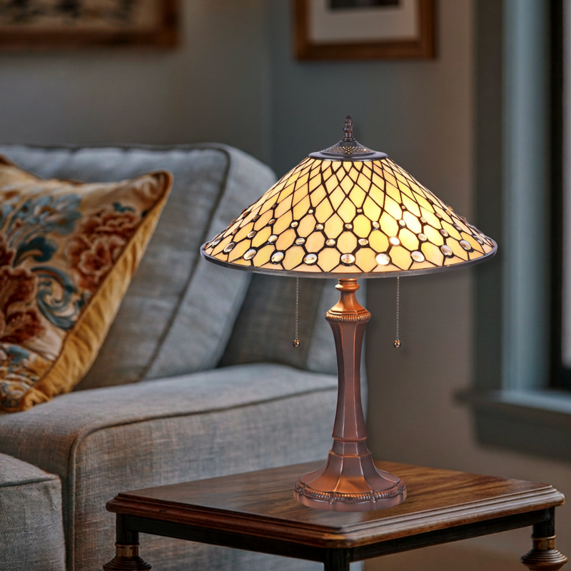 22-inch Tiffany Stained Glass Table Lamp Fanny Geometric by Chloe Lighting in living room setting