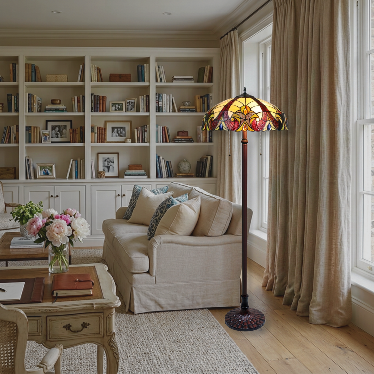 Tiffany Style Floor Lamp Adia Victorian by Chloe Lighting in living room setting. 