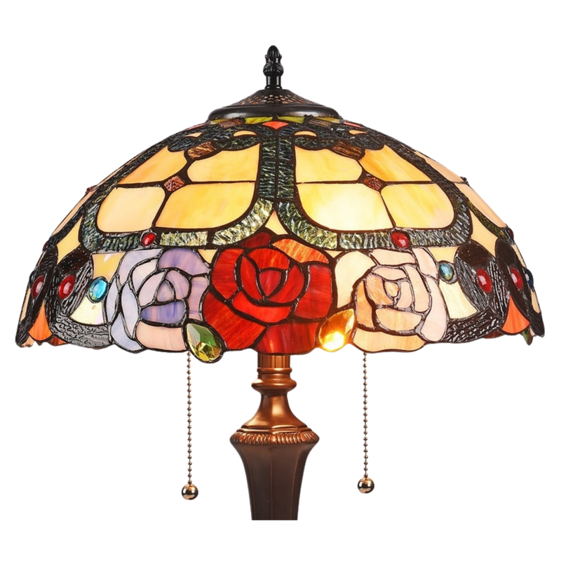 Close-up view of stained glass shade. Tiffany Glass Table Lamp Simone Floral by Chloe Lighting