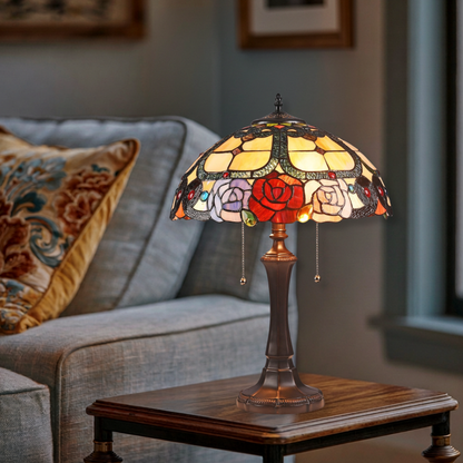 22-inch Tiffany Glass Table Lamp Simone Floral by Chloe Lighting in living room setting