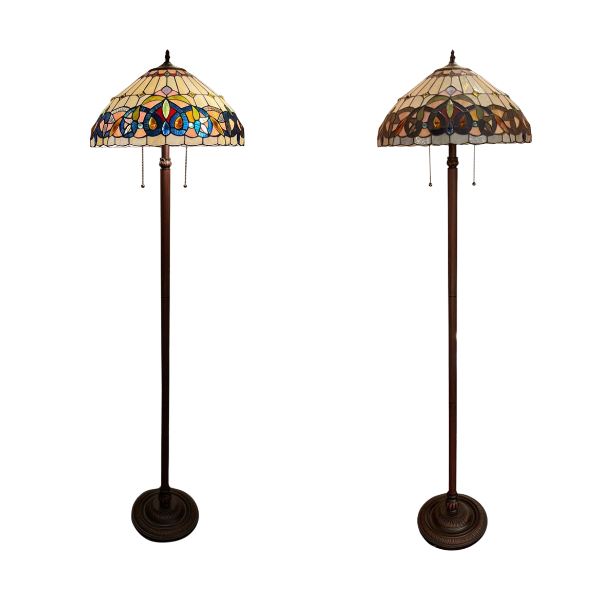 Lit and unlit views. 66-inch Tiffany Stained Glass Floor Lamp Serenity Victorian by Chloe Lighting