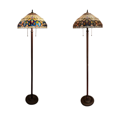 Lit and unlit views. 66-inch Tiffany Stained Glass Floor Lamp Serenity Victorian by Chloe Lighting