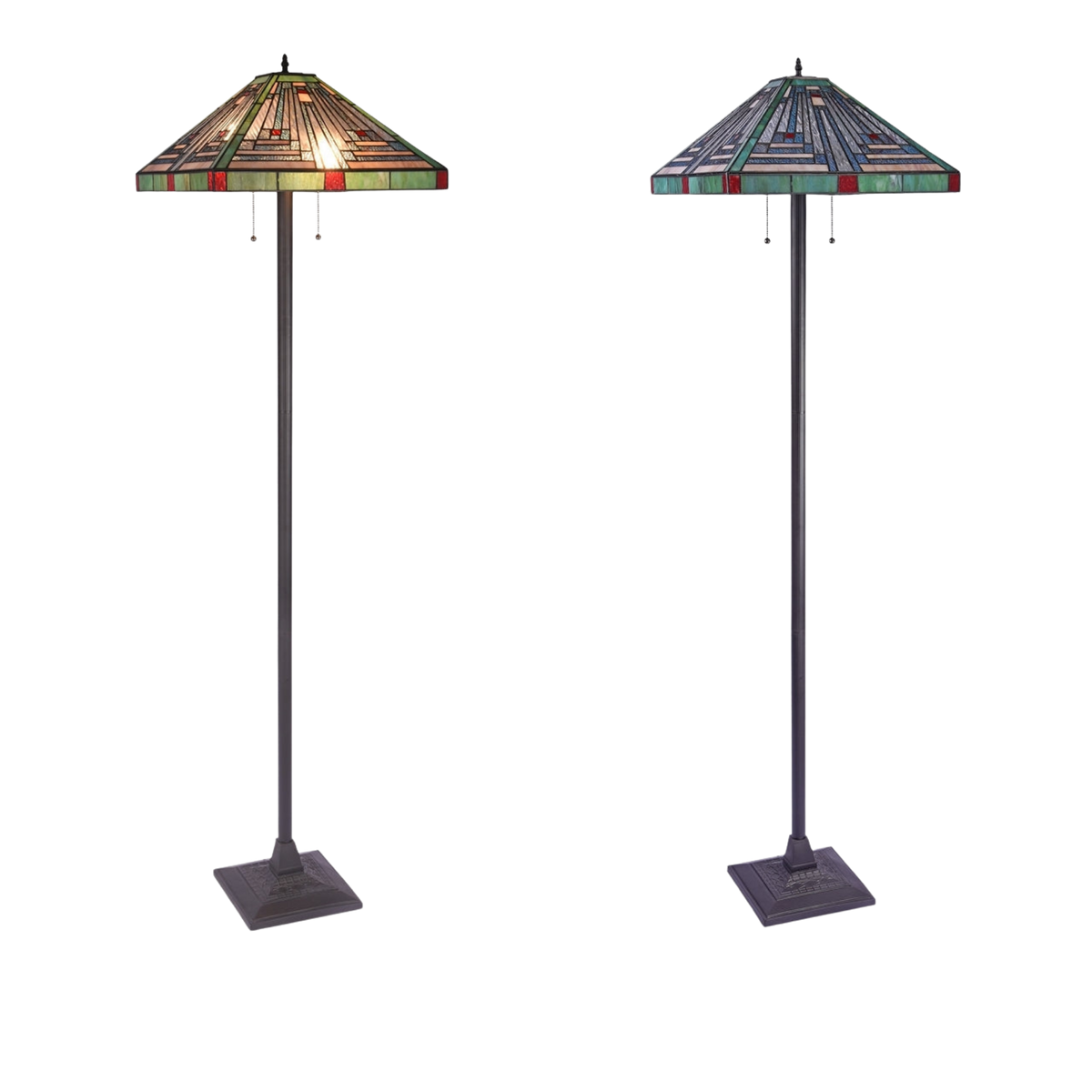 Lit and unlit views. 66-inch Tiffany Glass Floor Lamp Innes Mission by Chloe Lighting