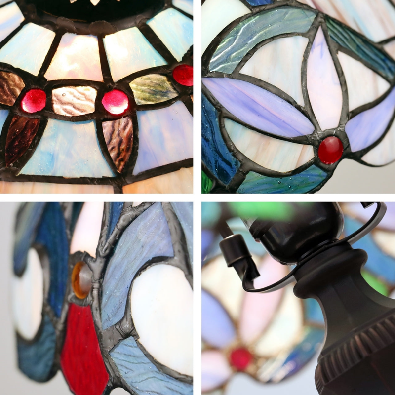 Close-up views of shade, stained glass, and lamp details. Tiffany Stained Glass Table Lamp Viola Victorian by Chloe Lighting